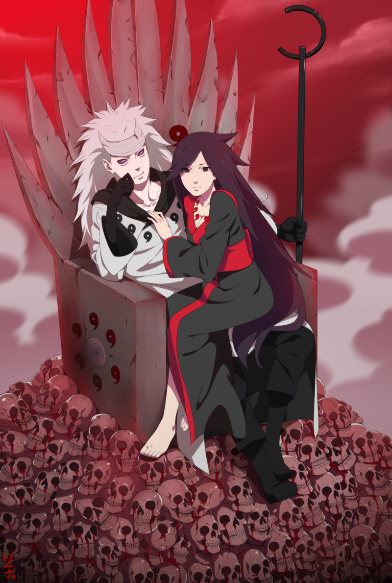 1boy 1girl blood long_hair naruto outdoors rinnegan shounen_jump skull sky staff throne uchiha_madara