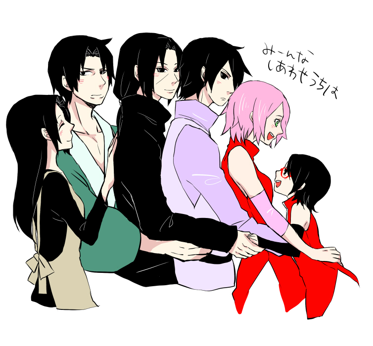 3boys 3girls artist_request black_hair blush brothers family father_and_daughter father_and_son glasses haruno_sakura hug hug_from_behind husband_and_wife mother_and_daughter mother_and_son multiple_boys multiple_girls naruto pink_hair siblings simple_background time_paradox uchiha_fugaku uchiha_itachi uchiha_mikoto uchiha_sarada uchiha_sasuke