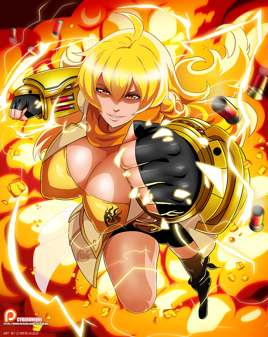 1girl ahoge bike_shorts blonde_hair boots breasts bridal_gauntlets brown_eyes bullet_shells cleavage cyberunique electricity explosion female fingerless_gloves fire gloves large_breasts looking_at_viewer perspective rwby scarf solo yang_xiao_long