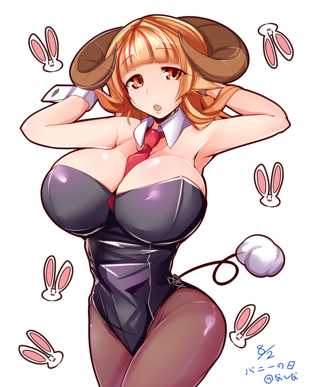 1girl animal_ears armpits arms_up bare_shoulders between_breasts blonde_hair breasts bunny_girl bunny_tail bunnysuit cleavage curvy female horns huge_breasts long_hair matching_hair/eyes nana_(mogs1225) necktie necktie_between_breasts open_mouth orange_eyes orange_hair original pantyhose rabbit simple_background solo standing tail