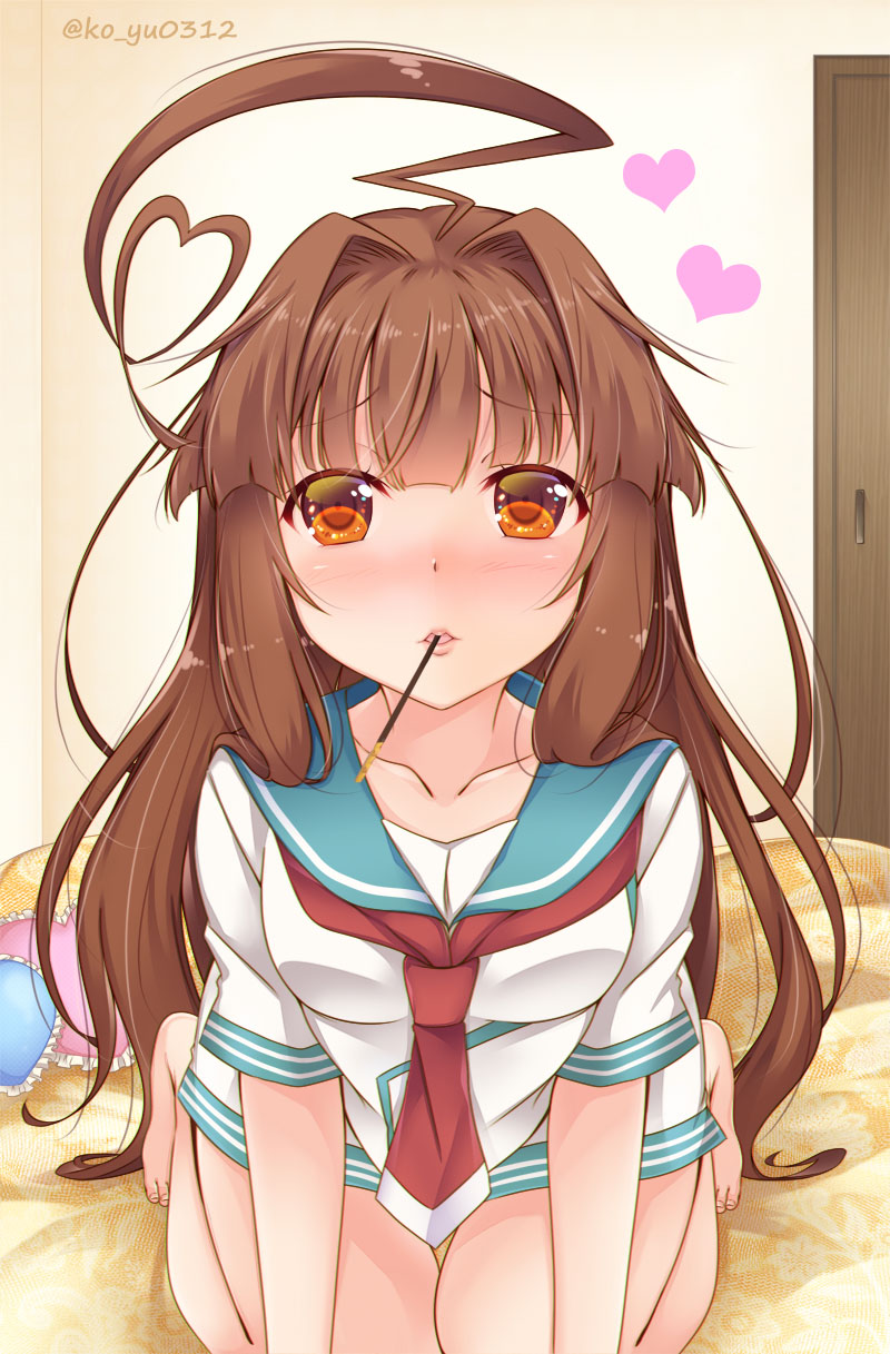1girl ahoge blush breasts brown_eyes brown_hair collarbone door eyebrows eyebrows_visible_through_hair food hair_intakes heart heart_ahoge heart_pillow highres indoors kantai_collection kneeling kuma_(kantai_collection) long_hair looking_at_viewer on_bed pillow pocky short_sleeves solo twitter_username yukina_(black0312)