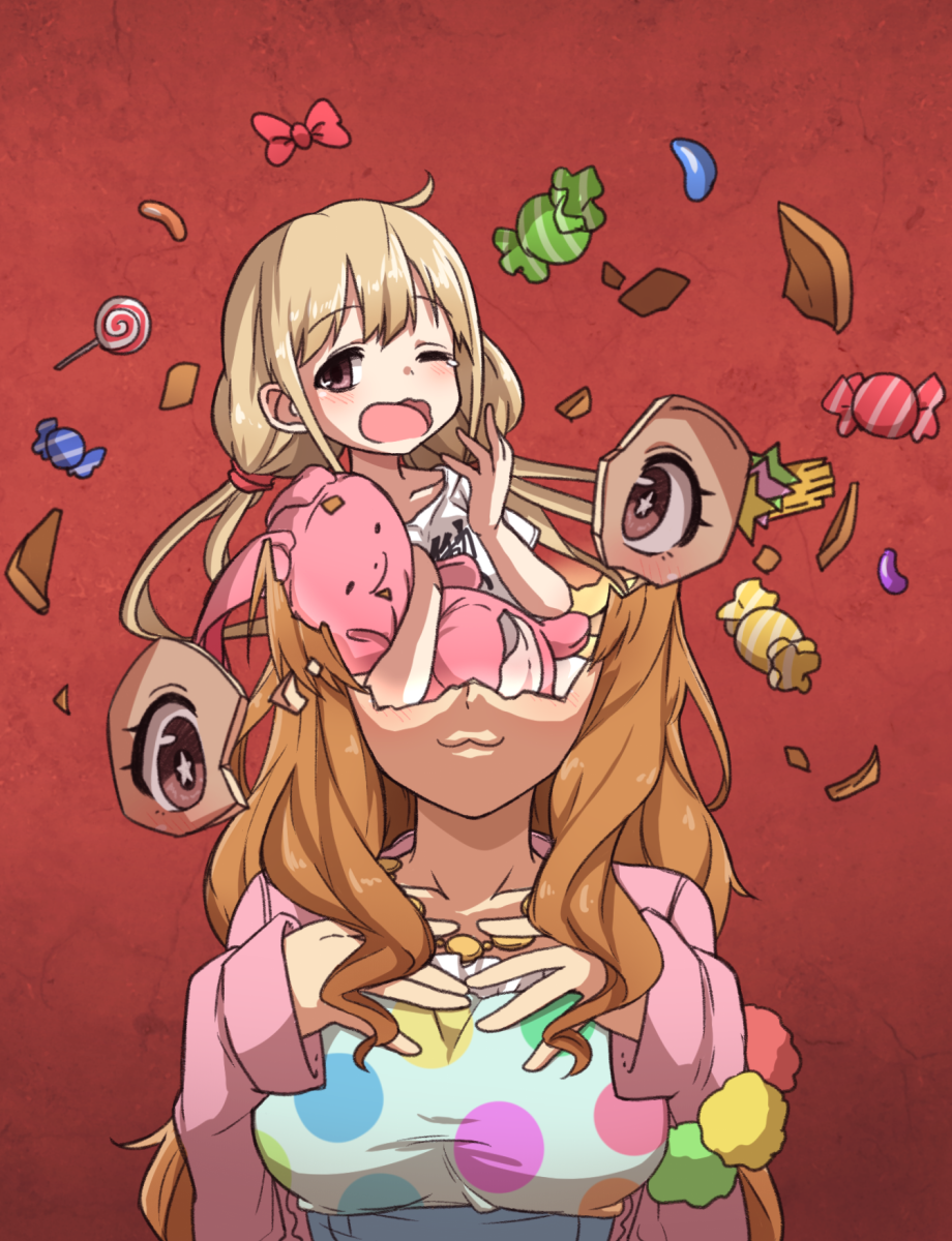 2girls :3 blonde_hair bow bowtie brown_hair candy food futaba_anzu gazacy_(dai) hair_ornament hairclip head_explosion highres idolmaster idolmaster_cinderella_girls jelly_bean jewelry lollipop long_hair long_sleeves looking_at_viewer moroboshi_kirari multiple_girls necklace red_background star_in_eye stuffed_animal stuffed_toy surreal wavy_hair wavy_mouth wrapped_candy yawning