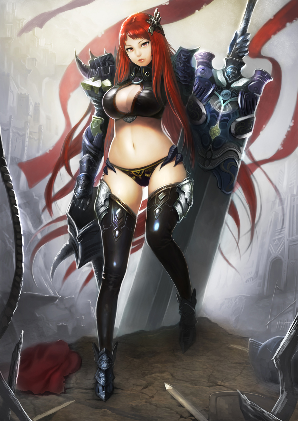 1girl armor breasts cleavage female huge_sword knight large_breasts lips long_hair meto31 navel red_eyes redhead solo sword weapon