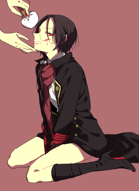 1boy black_hair blood cuts doudoude_dou full_body high_heels injury japanese_clothes kashuu_kiyomitsu long_hair male_focus mole mole_under_mouth out_of_frame personification ponytail red_eyes red_scarf scarf shoes solo_focus touken_ranbu
