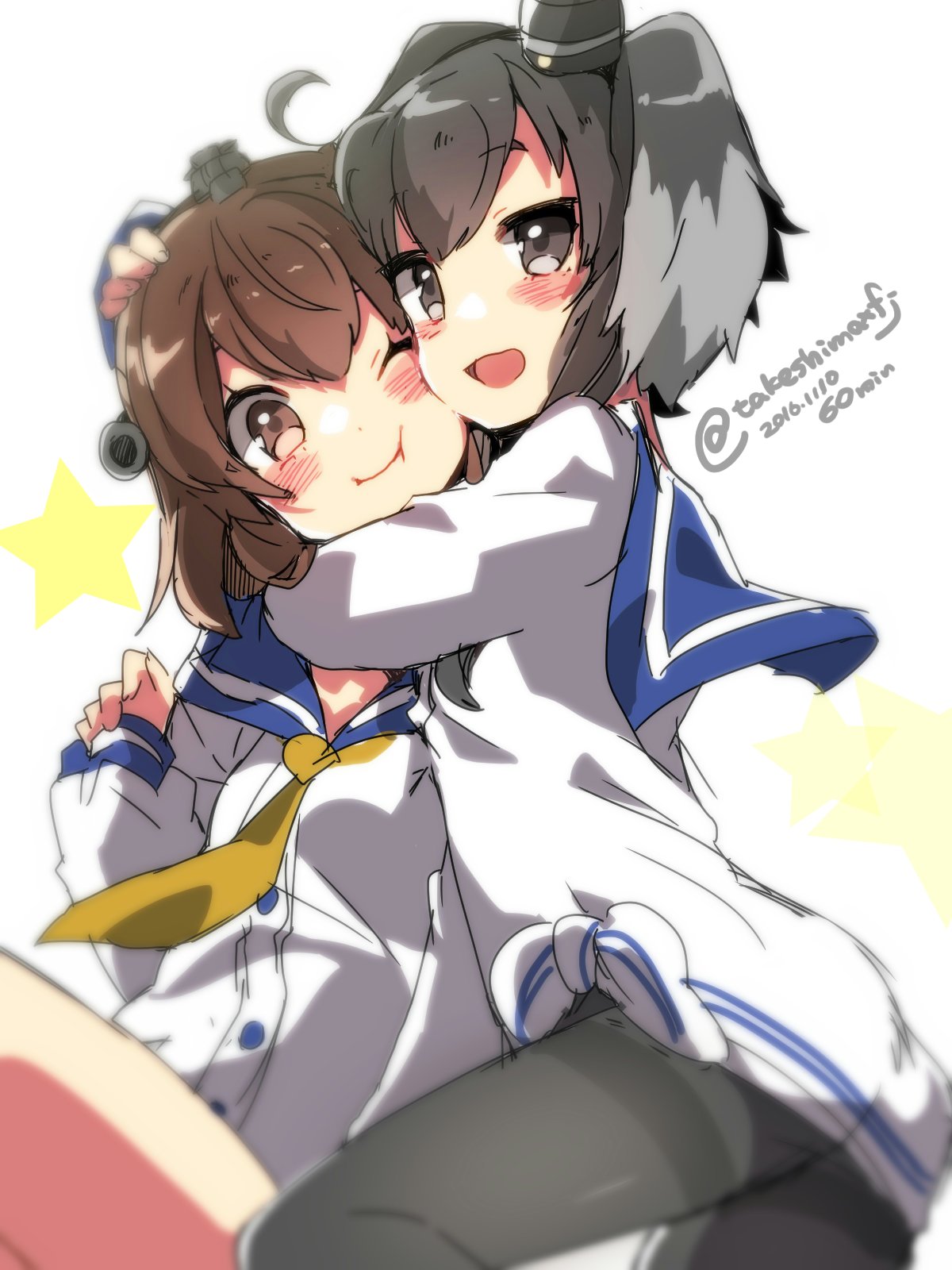 2girls :d :t black_hair black_legwear blurry blush_stickers brown_eyes brown_hair cheek-to-cheek dated depth_of_field dress grey_hair hand_around_neck hand_on_another's_head hat highres hug kantai_collection looking_at_viewer multicolored_hair multiple_girls one_eye_closed open_mouth pantyhose personification sailor_collar sailor_dress shiny shiny_hair shiny_skin short_hair smile star takeshima_(nia) tareme thighband_pantyhose tokitsukaze_(kantai_collection) twitter_username two-tone_hair two_side_up white_background yukikaze_(kantai_collection)