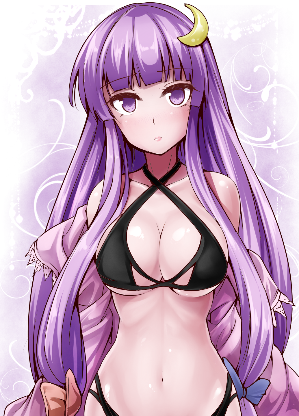 1girl bare_shoulders bikini black_bikini blush bow breasts cleavage crescent crescent_hair_ornament criss-cross_halter female hair_bow hair_ornament halter_top halterneck highres large_breasts long_hair looking_at_viewer navel patchouli_knowledge purple_hair shiny shiny_skin solo swimsuit touhou very_long_hair violet_eyes y2
