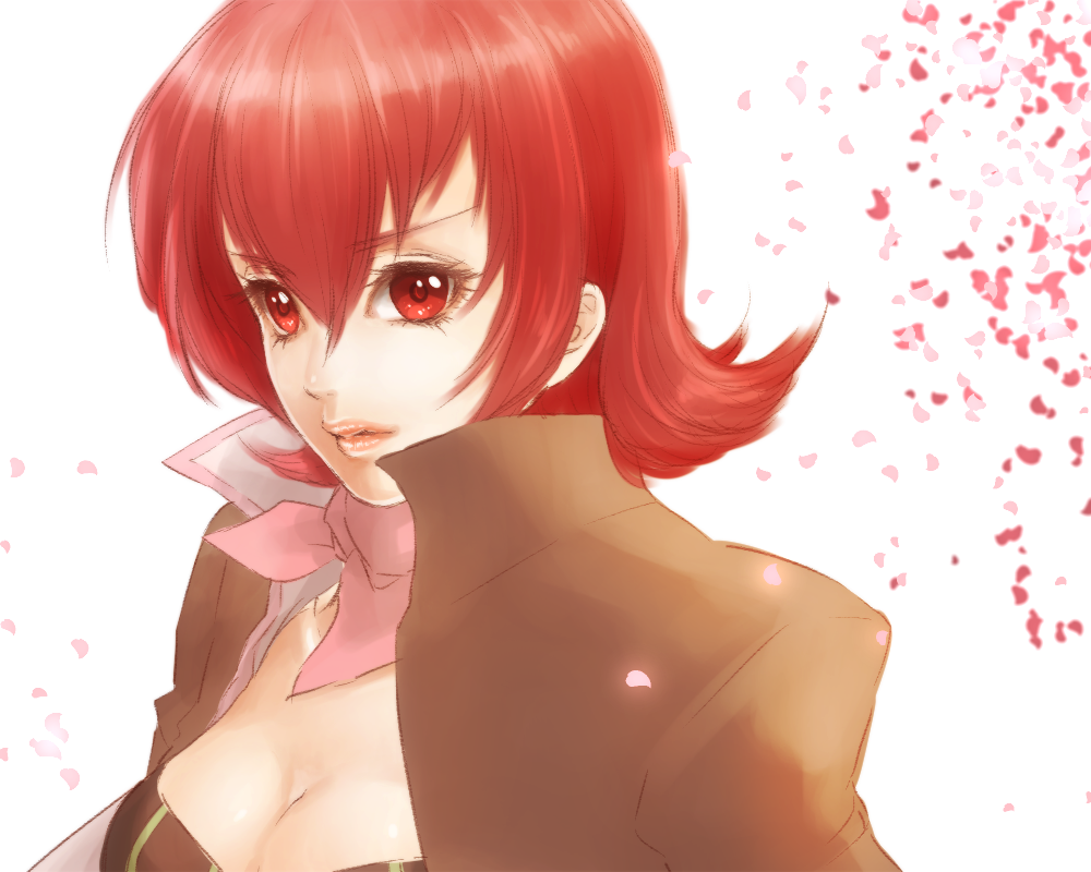 1girl breasts cleavage iria_animi jacket lips red_eyes redhead scarf short_hair solo tales_of_(series) tales_of_innocence