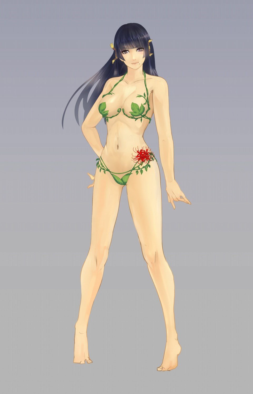 1girl alternate_costume black_hair blush breasts dead_or_alive full_body long_hair looking_at_viewer navel nyotengu official_art smile solo standing violet_eyes