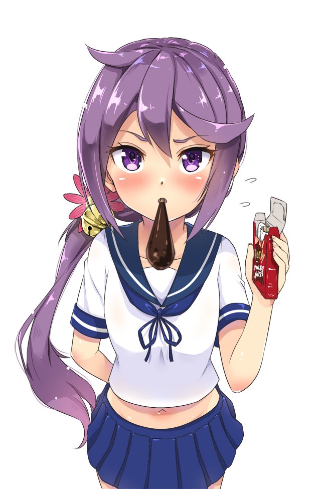1girl ahoge akebono_(kantai_collection) arm_behind_back blue_skirt collarbone commentary_request flower food hair_between_eyes hair_flower hair_ornament kantai_collection long_hair looking_at_viewer looking_up midriff navel pocky ponytail purple_hair sarfata school_uniform short_sleeves simple_background skirt solo upper_body violet_eyes white_background