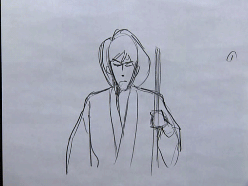 1boy animated animated_gif attack hakama ishikawa_goemon_xiii japanese_clothes katana lowres lupin_iii monochrome ootsuka_yasuo sketch sword weapon
