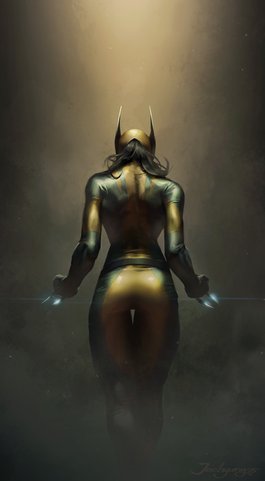 1girl ass back belt black_hair bodysuit claw_(weapon) dark_background from_behind jee-hyung_lee laura_kinney long_hair marvel solo spandex standing thigh_gap weapon wolverine x-23 x-men