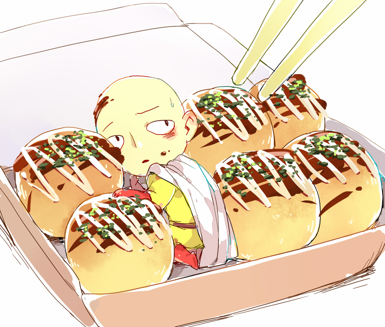 1boy bald boots cape chopsticks doudoude_dou food gloves male_focus one-punch_man saitama_(one-punch_man) solo takoyaki