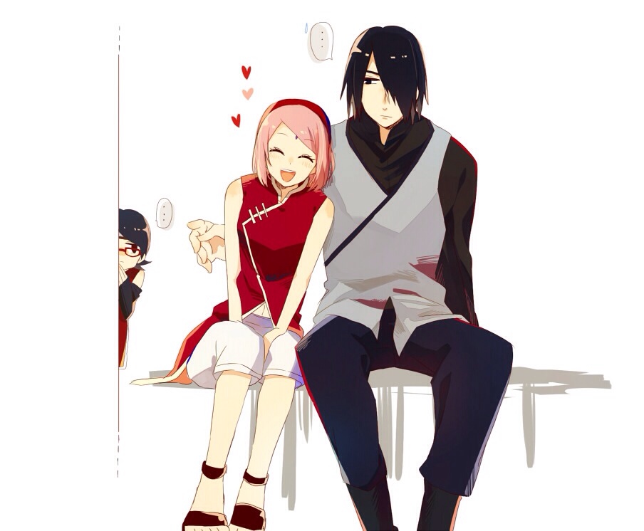 1boy 2girls aitb99 amputee boruto:_the_movie facial_mark forehead_mark hair_over_one_eye hairband haruno_sakura heart husband_and_wife multiple_girls naruto peeking pink_hair short_hair sitting uchiha_sarada uchiha_sasuke