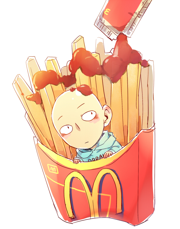 1boy bald chips doudoude_dou food french_fries hood hoodie jumper male_focus mcdonald's one-punch_man potato saitama_(one-punch_man) solo tomato_sauce