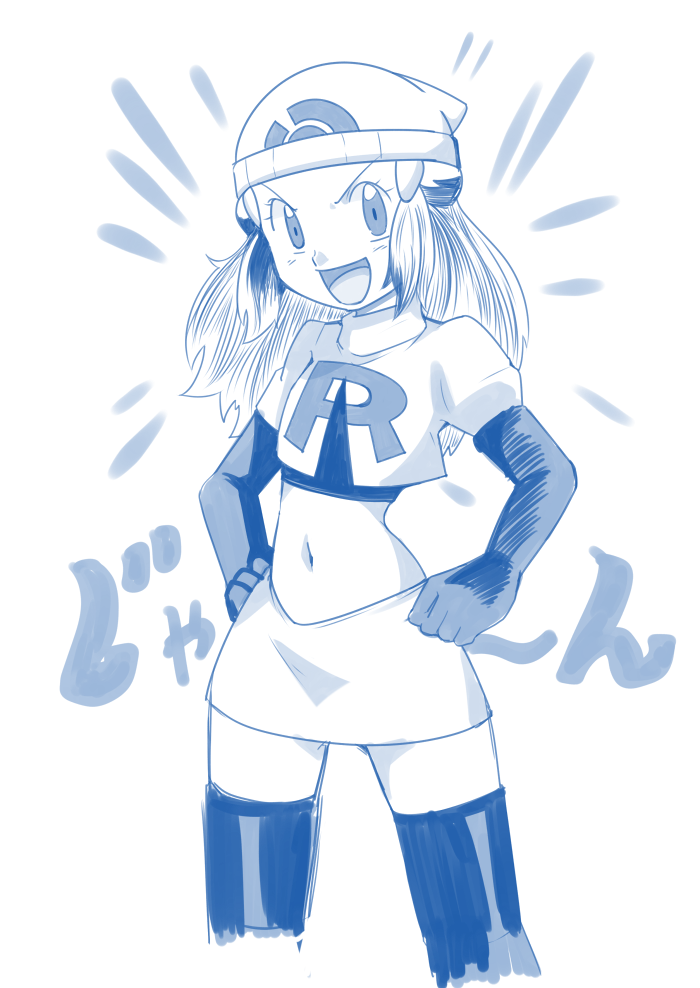 1girl cosplay female hainchu hikari_(pokemon) long_hair monochrome navel nintendo pokemon sketch team_rocket team_rocket_(cosplay)