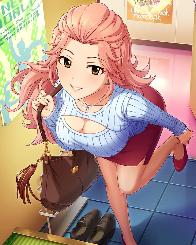1girl artist_request bag breasts brown_eyes card_(medium) character_name cleavage cleavage_cutout earrings hamakawa_ayuna idolmaster idolmaster_cinderella_girls jewelry leaning_forward long_hair looking_at_viewer necklace official_art parted_lips pink_hair red_skirt skirt smile solo sun_(symbol) wavy_hair