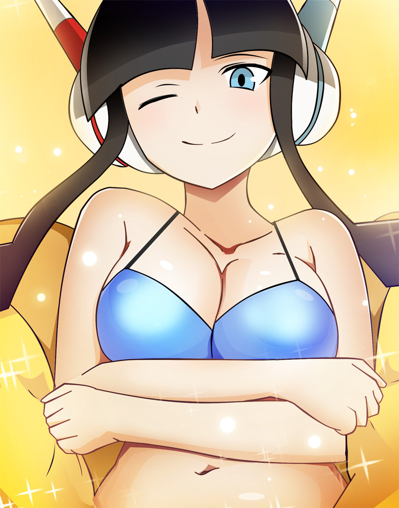 1girl bikini black_hair blue_eyes breasts coat gym_leader happy headphones kamitsure_(pokemon) pokemon pokemon_(game) wink
