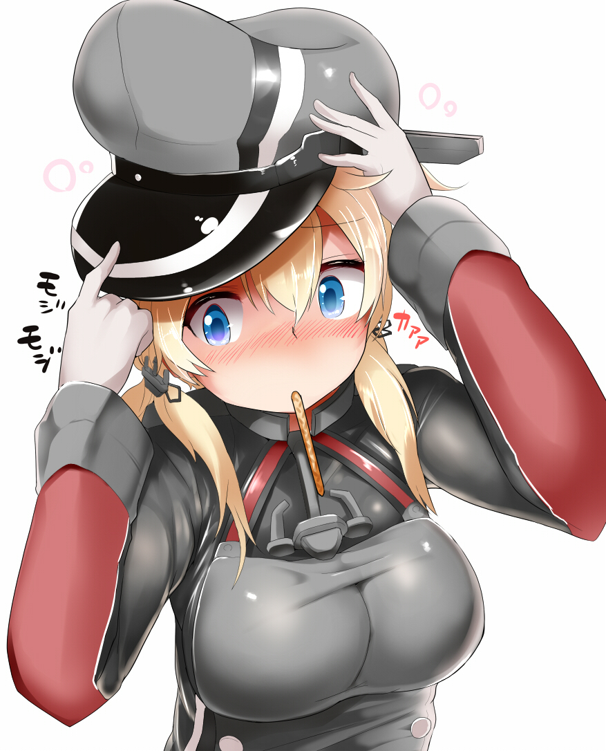 adjusting_clothes adjusting_hat anchor_hair_ornament blonde_hair blue_eyes blush breasts food gloves hair_ornament hand_on_headwear hat impossible_clothes kantai_collection long_sleeves low_twintails military military_hat military_uniform mizuyan mouth_hold peaked_cap pocky prinz_eugen_(kantai_collection) twintails uniform white_gloves