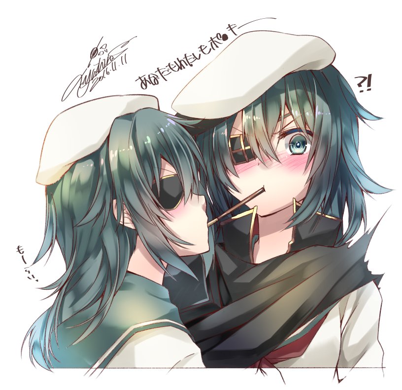 2girls artist_name blush cape dated dual_persona eyepatch food green_eyes green_hair hair_between_eyes hat kantai_collection kiso_(kantai_collection) looking_at_another looking_at_viewer multiple_girls pocky pocky_kiss remodel_(kantai_collection) shared_food short_hair simple_background surprised translation_request yuihira_asu