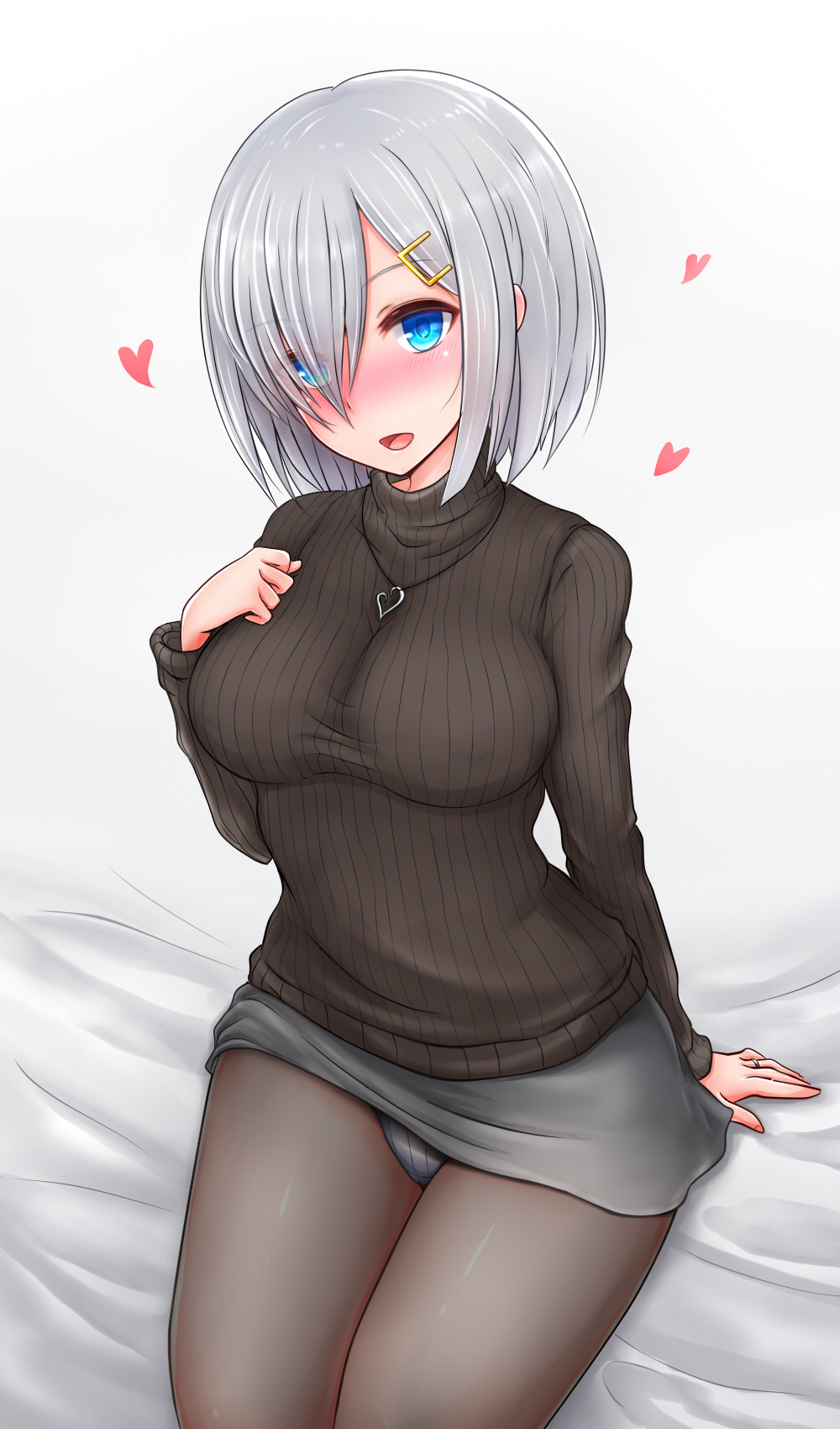 1girl alternate_costume arm_support bed bed_sheet black_legwear black_sweater blue_eyes breasts casual e-kichi eyebrows eyebrows_visible_through_hair eyes_visible_through_hair from_above hair_ornament hairclip hamakaze_(kantai_collection) hand_on_own_chest highres kantai_collection large_breasts looking_at_viewer miniskirt open_mouth panties panties_under_pantyhose pantyhose pantyshot pantyshot_(sitting) ribbed_sweater short_hair silver_hair sitting skirt smile striped striped_panties sweater tongue turtleneck_sweater underwear vertical_stripes