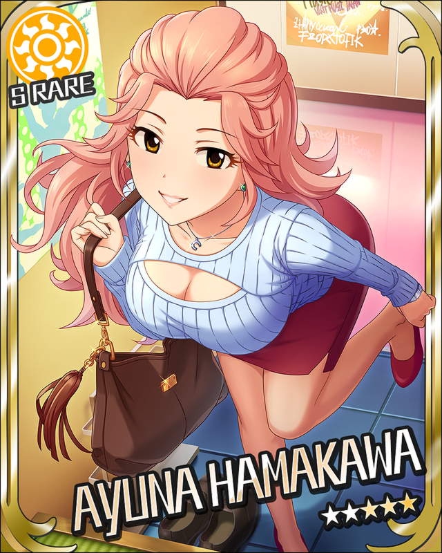 1girl artist_request bag breasts brown_eyes card_(medium) character_name cleavage cleavage_cutout earrings hamakawa_ayuna idolmaster idolmaster_cinderella_girls jewelry leaning_forward long_hair looking_at_viewer necklace official_art parted_lips pink_hair red_skirt skirt smile solo sun_(symbol) wavy_hair