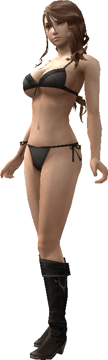 1girl 3d bare_shoulders bikini boots breasts brown_eyes brown_hair cleavage female final_fantasy final_fantasy_type-0 hanaharu_emina hips large_breasts legs navel simple_background solo standing swimsuit transparent_background under_boob
