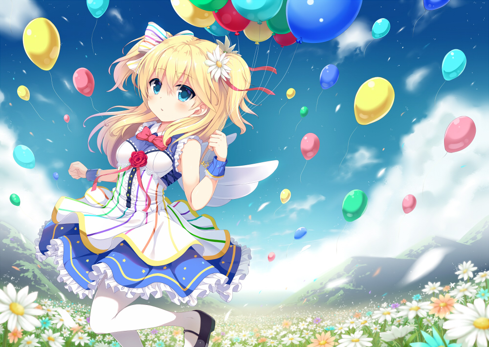 1girl angel_wings balloon bare_arms blonde_hair blue_eyes blue_sky bow clouds field fisheye flower flower_field hair_bow hair_flower hair_ornament long_hair mountain noe_noel original pantyhose sen_kagura shirt sky sleeveless sleeveless_shirt solo standing standing_on_one_leg two_side_up white_legwear wings wrist_cuffs