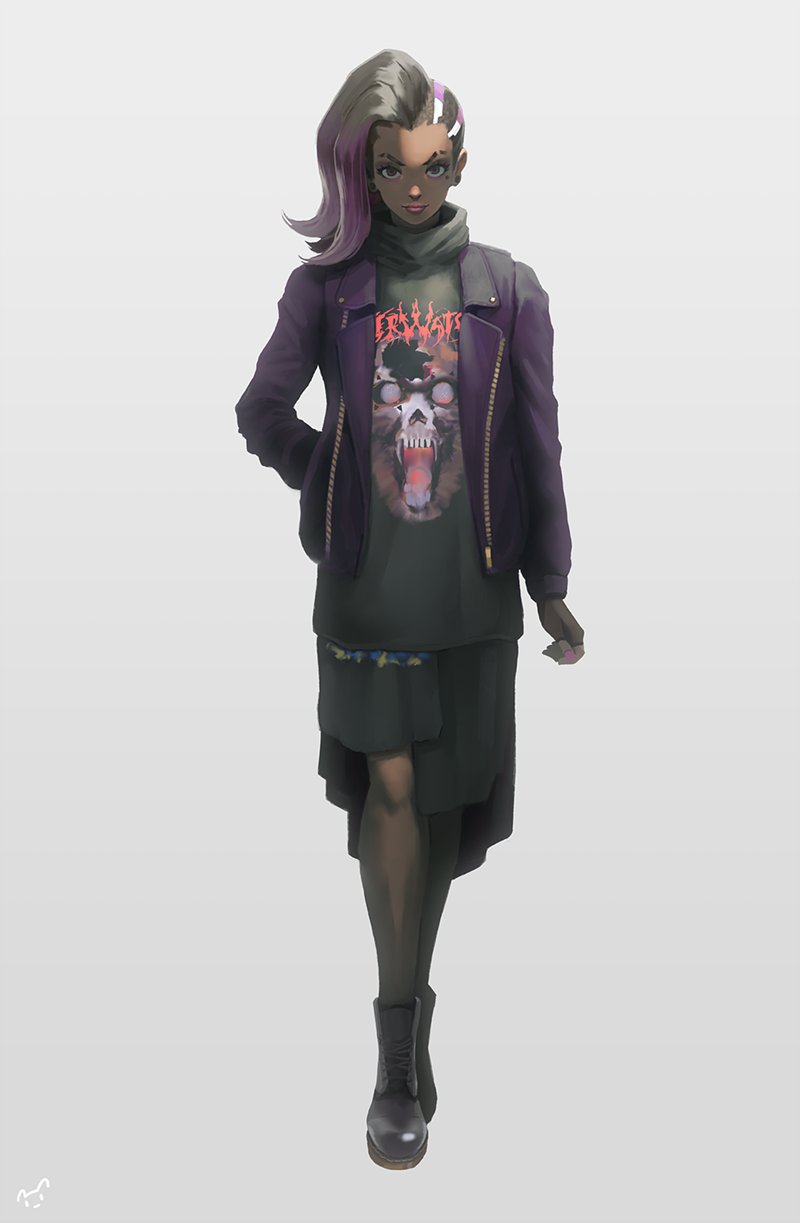 1girl asymmetrical_hair casual full_body highres jacket looking_at_viewer multicolored_hair mynare overwatch skirt solo sombra_(overwatch) turtleneck two-tone_hair undercut