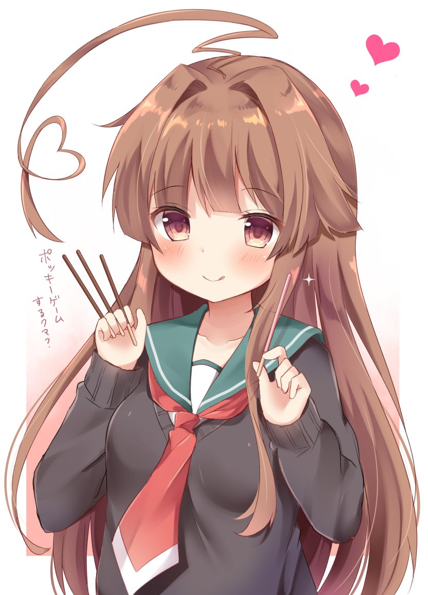 1girl ahoge alternate_costume black_sweater breasts brown_eyes brown_hair eyebrows eyebrows_visible_through_hair eyes_visible_through_hair food heart heart_ahoge kantai_collection kuma_(kantai_collection) licking_lips long_hair long_sleeves looking_at_viewer masayo_(gin_no_ame) necktie pocky shirt simple_background smile solo sweater tongue tongue_out translation_request white_background