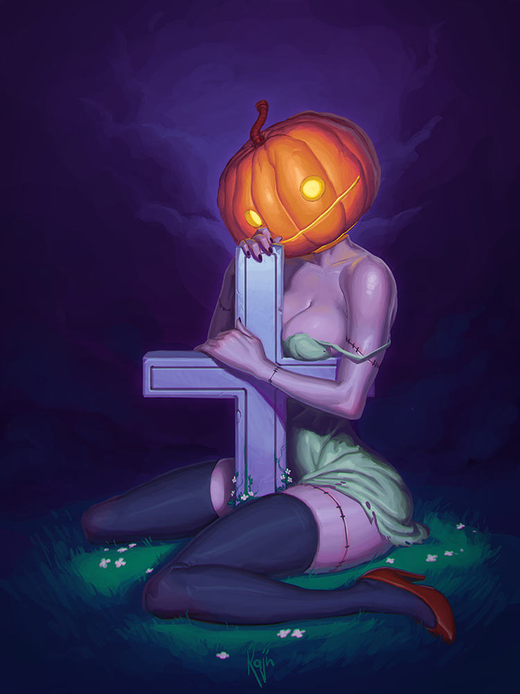 1girl breasts cleavage clouds cloudy_sky creepy dress glowing glowing_eyes grass grave halloween heels jack-o'-lantern kajinman looking_at_viewer night original pumpkin pumpkin_head sky solo stitches strap_slip thigh-highs torn_clothes