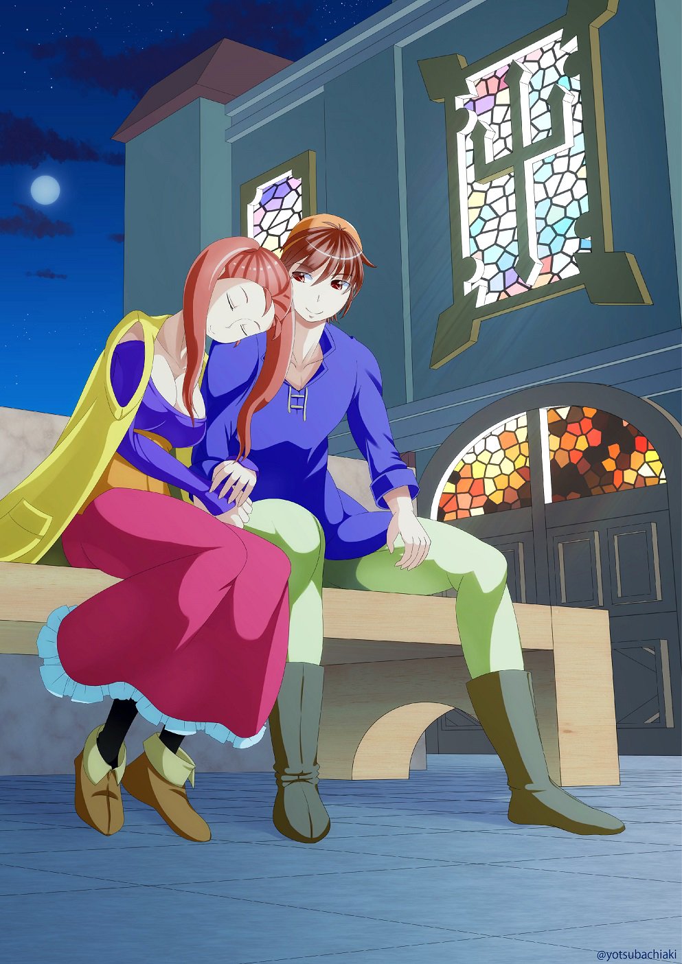 1boy 1girl arm_hug bandanna bench breasts brown_hair chiaki_yotsuba church cleavage dragon_quest dragon_quest_viii hero_(dq8) jacket jessica_albert moon night night_sky sitting sky smile star_(sky) yotsubachiaki