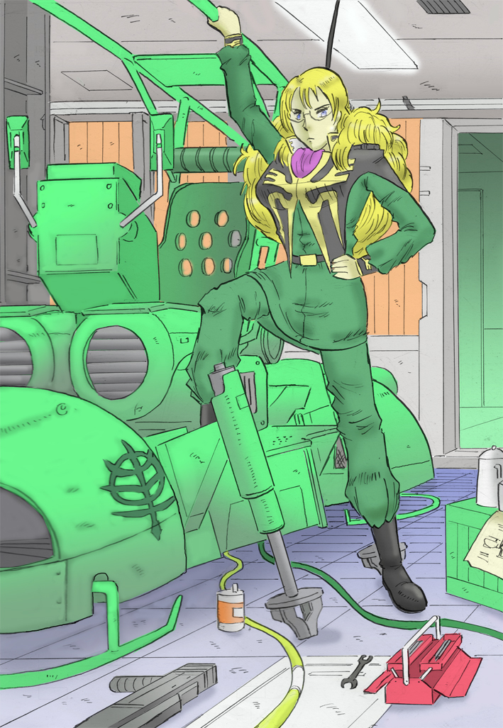 1girl belt blonde_hair blue_eyes boots cravat glasses gundam gundam_iron_mustang hand_on_hip long_hair lulu_bell_cameron miami_yokubou_kaigan military military_uniform military_vehicle uniform wappa wrench zeon