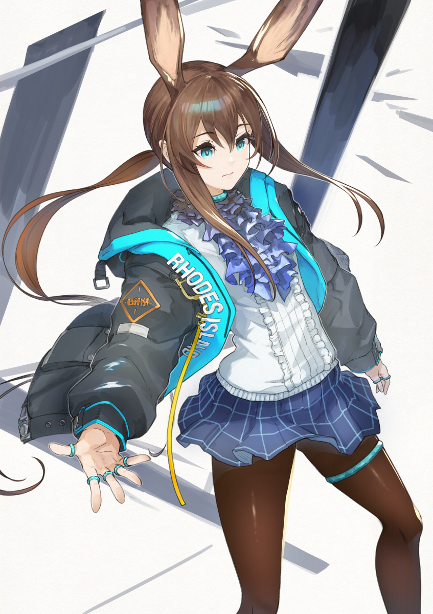 1girl amiya_(arknights) animal_ears arknights bangs blue_eyes blue_skirt brown_hair brown_legwear center_frills commentary_request eyebrows_visible_through_hair frills grey_jacket hair_between_eyes highres hood hood_down hooded_jacket jacket jewelry long_hair long_sleeves looking_away outstretched_arm pantyhose parted_lips pleated_skirt ponytail puffy_long_sleeves puffy_sleeves rabbit_ears revision ring shirt sidelocks skirt solo thumb_ring very_long_hair white_shirt yunar