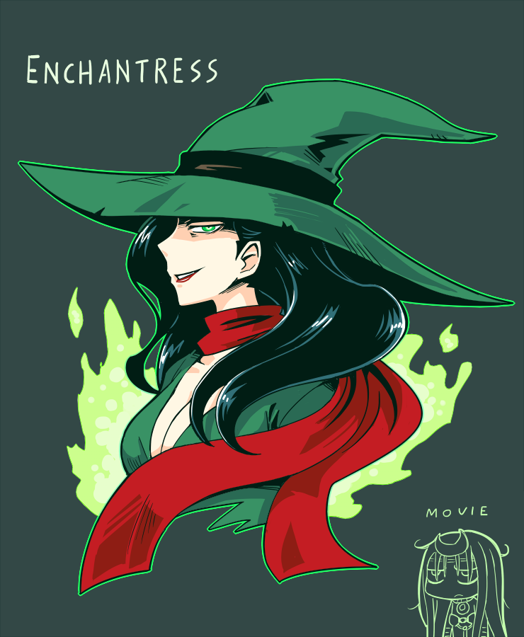 1girl baragon black_hair breasts character_name chibi cleavage dc_comics enchantress_(dc) green_background green_eyes hat lipstick long_hair makeup portrait scarf simple_background solo suicide_squad witch_hat