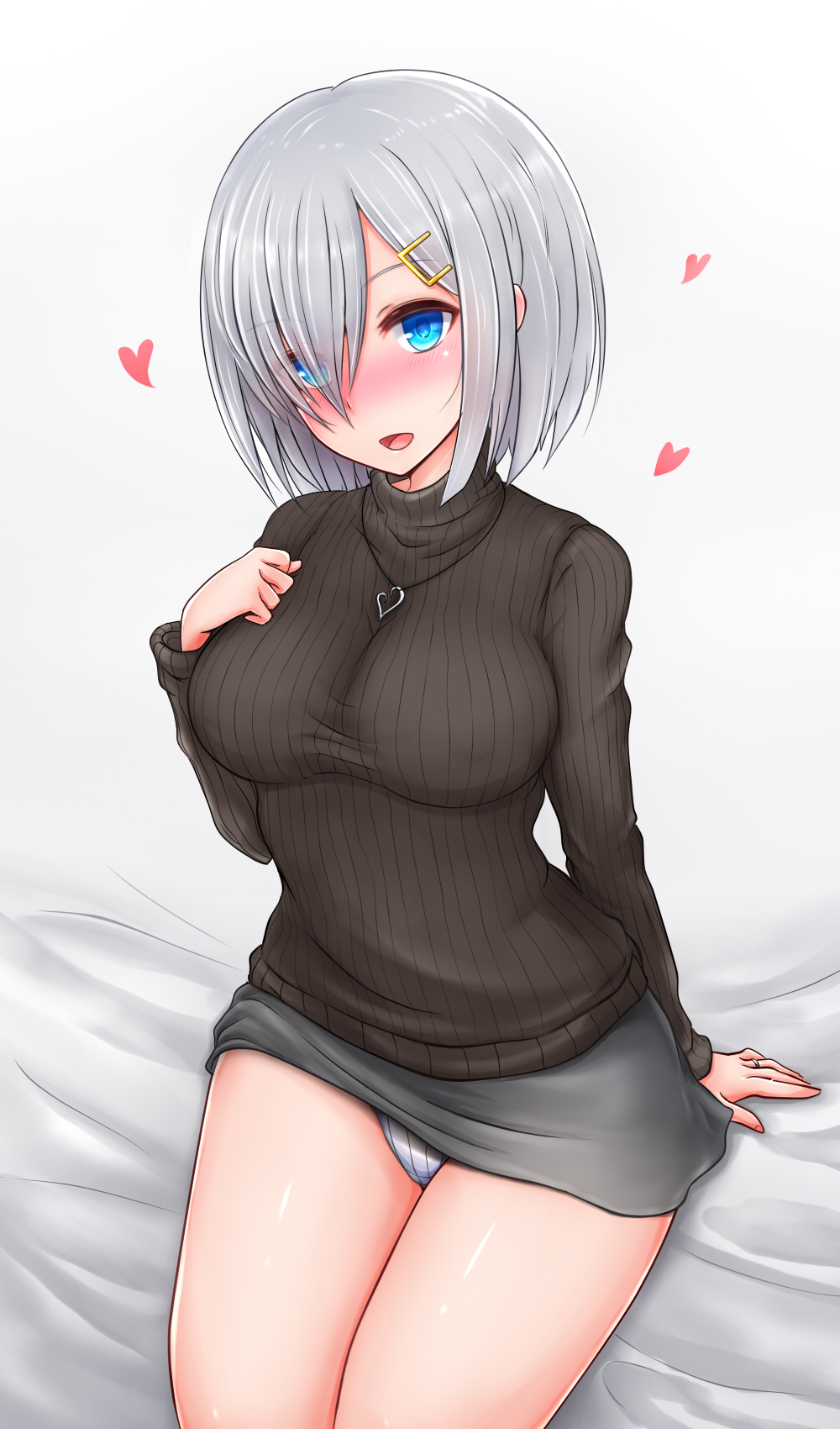 1girl alternate_costume arm_support bed bed_sheet black_sweater blue_eyes breasts casual e-kichi eyebrows eyebrows_visible_through_hair eyes_visible_through_hair from_above hair_ornament hairclip hamakaze_(kantai_collection) hand_on_own_chest highres jewelry kantai_collection large_breasts looking_at_viewer miniskirt open_mouth panties pantyshot pantyshot_(sitting) ribbed_sweater ring short_hair silver_hair sitting skirt smile striped striped_panties sweater tongue turtleneck_sweater underwear vertical-striped_panties vertical_stripes wedding_ring