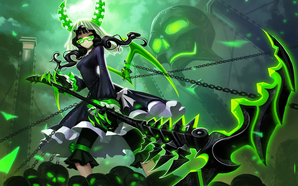 1girl black_dress black_hair black_rock_shooter chains claws clouds cloudy_sky dead_master dress glasses green_eyes horns liangxing looking_at_viewer scythe skull sky solo veil weapon