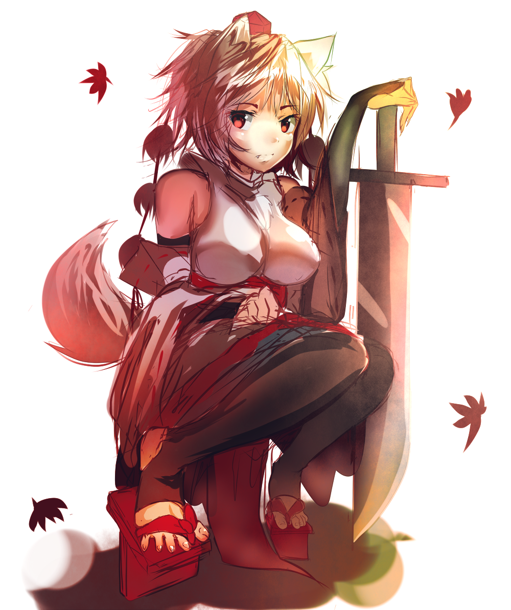 1girl albino animal_ears autumn_leaves bare_shoulders black_legwear breasts bridal_gauntlets detached_sleeves female geta hat hat_ribbon hizagawa_rau inubashiri_momiji large_breasts long_sleeves looking_at_viewer pantyhose pom_pom_(clothes) red_eyes ribbon shirt silver_hair skirt solo squatting sword tail touhou weapon white_hair wide_sleeves wolf_ears wolf_tail