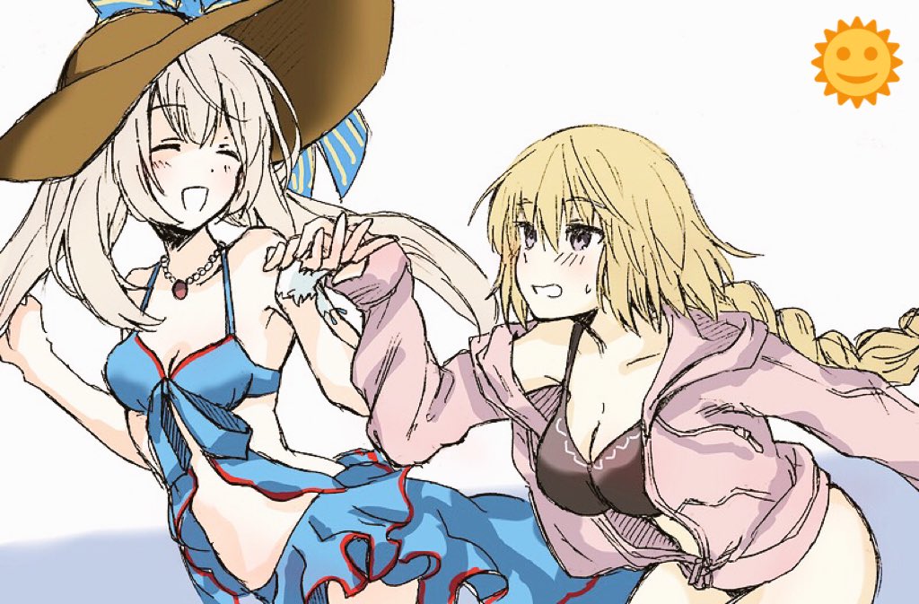 2girls bikini blonde_hair blush braid closed_eyes fate/apocrypha fate/grand_order fate_(series) grey_eyes hand_holding hat jacket jacket_over_swimsuit marie_antoinette_(fate/grand_order) multiple_girls ruler_(fate/apocrypha) silver_hair sweat swimsuit twintails