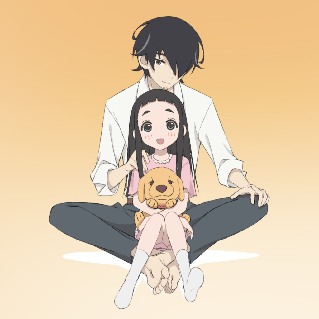 1boy 1girl barefoot black_hair blush collared_shirt commentary_request dress facial_hair father_and_daughter full_body goto_hime goto_kakushi gradient gradient_background hand_on_another's_shoulder hime_cut holding holding_stuffed_toy indian_style kakushigoto looking_at_another looking_at_viewer open_mouth pants pink_dress shirt short_bangs sitting smile socks stubble stuffed_animal stuffed_dog stuffed_toy thick_eyebrows toes white_legwear white_shirt yamamoto_shuuhei