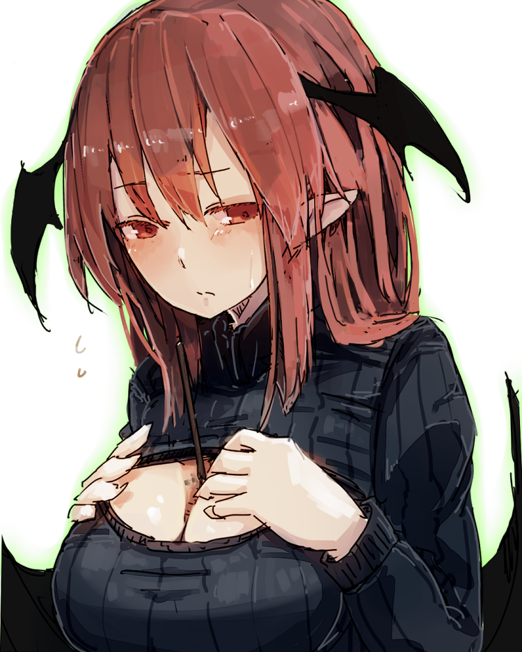 1girl alternate_costume bat_wings between_breasts blush breasts cleavage food futatsuki_eru head_wings koakuma large_breasts long_hair looking_at_viewer open-chest_sweater pocky pocky_day pointy_ears red_eyes redhead ribbon simple_background solo sweater touhou upper_body white_background wings