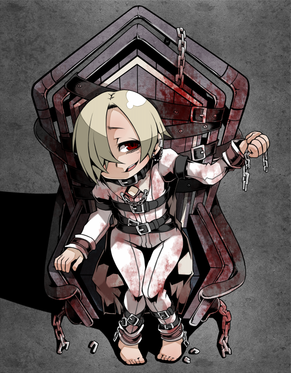 1girl ayame_(0419) barefoot blonde_hair blood blood_stain bloody_clothes broken broken_chain chained chains chair ear_piercing from_above full_body idolmaster idolmaster_cinderella_girls looking_at_viewer piercing red_eyes restrained restraints shirasaka_koume short_hair sitting smirk solo straitjacket
