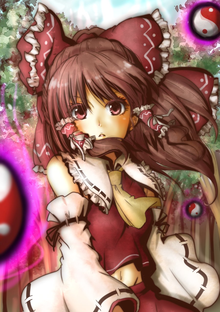 1girl ascot aura bangs bare_shoulders bow brown_eyes brown_hair collared_shirt day detached_sleeves forest frilled_bow frilled_shirt_collar frills groin hair_bow hair_ornament hair_tubes hakurei_reimu highres long_hair looking_at_viewer midriff nature navel open_mouth orb outdoors parted_lips red_shirt red_skirt ribbon ribbon-trimmed_collar ribbon-trimmed_sleeves ribbon_trim shirt sidelocks skirt skirt_set sleeveless sleeveless_shirt smile solo tikano touhou tree upper_body wide_sleeves yin_yang