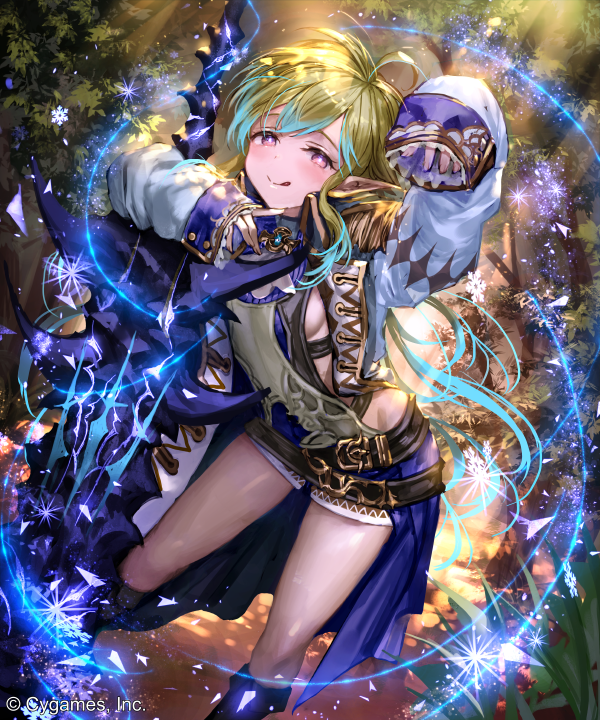 1girl arm_up belt blush breasts cygames dutch_angle elf green_hair hand_up irua leaning_forward long_hair looking_at_viewer magic pointy_ears shingeki_no_bahamut short_shorts shorts sideboob sleeves_past_wrists smile snowflakes solo tongue tongue_out violet_eyes