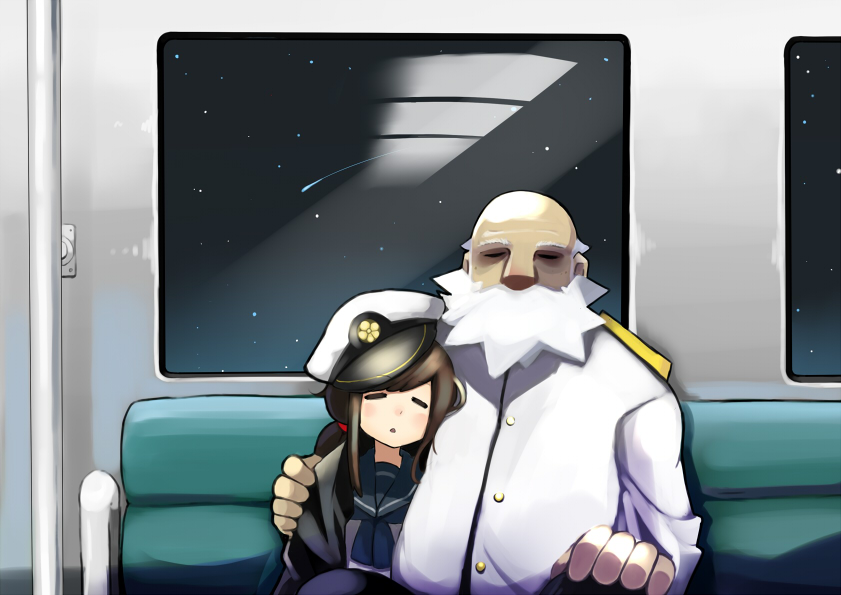 1boy 1girl age_difference arm_around_waist bald beard bench blush brown_hair character_request closed_eyes copyright_request facial_hair hand_on_another's_shoulder hand_on_own_knee handrail hat kion-kun long_hair night peaked_cap ponytail school_uniform serafuku shooting_star sitting sky sleeping star_(sky) starry_sky triangle_mouth uniform vehicle_interior window