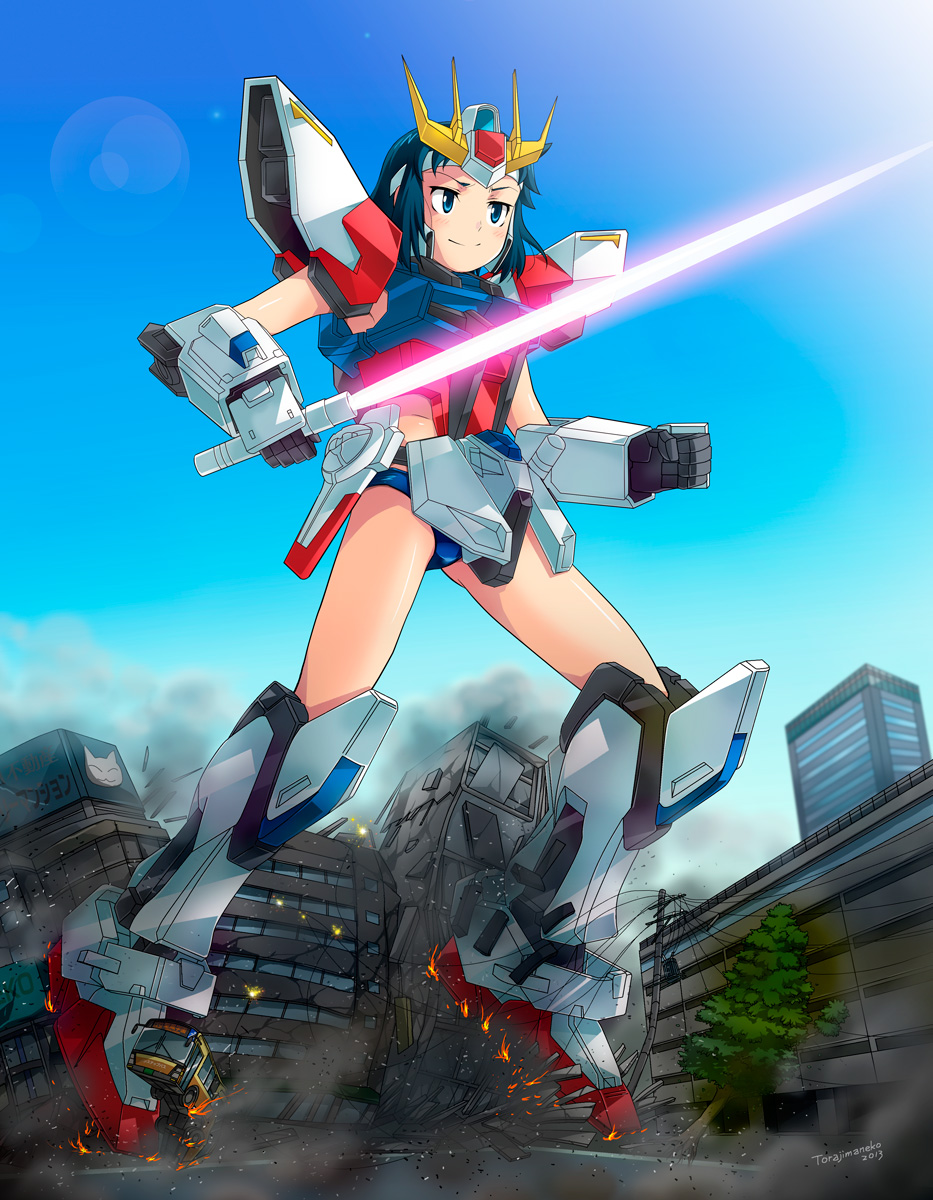 1boy blue_eyes blue_hair building giant gundam gundam_build_fighters iori_sei male_focus mecha short_hair solo sword torajimaneko weapon