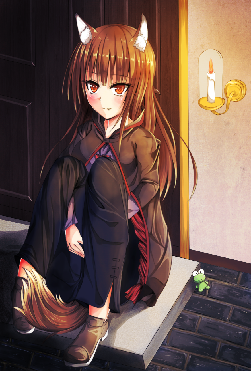 1girl animal_ears brown_hair fang fuussu_(21-kazin) holo long_hair red_eyes sitting solo spice_and_wolf tail wolf_ears wolf_tail