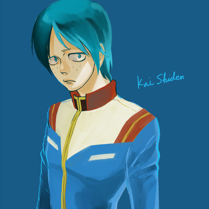 1boy artist_request character_name freckles gundam kai_shiden male_focus military military_uniform mobile_suit_gundam simple_background solo uniform