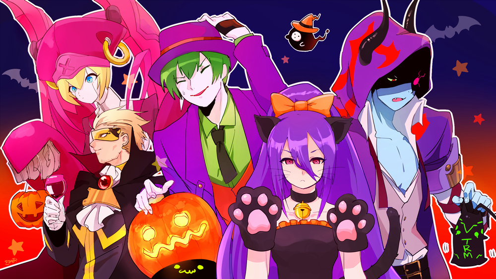 1girl 3boys alternate_color android animal_ears arakune arc_system_works artist_request bare_shoulders blazblue blonde_hair bow cape cat_ears cat_paws cat_tail closed_eyes facial_hair fake_animal_ears fang fedora fingerless_gloves gloves green_hair hades_izanami hair_between_eyes hair_bow halloween hat hazama hood horns ignis_(blazblue) long_hair mask mikado_(blazblue) multiple_boys open_mouth paws ponytail purple_hair red_eyes relius_clover short_hair smile stubble sweatdrop tail wine_glass yuuki_terumi