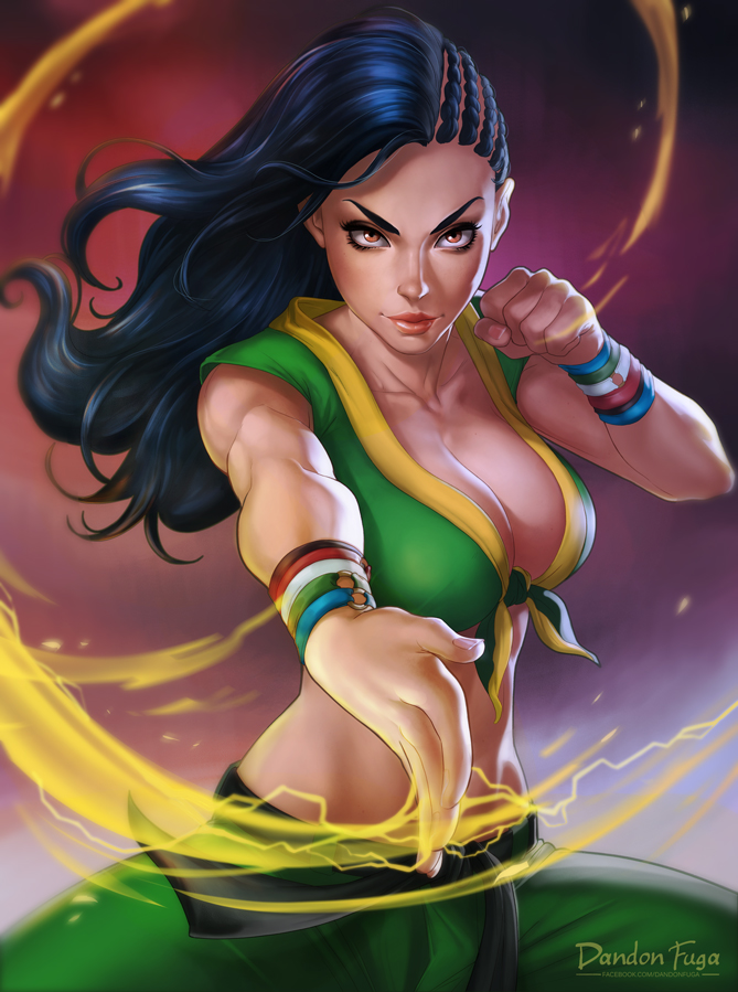 1girl asymmetrical_hair black_hair bracelet breasts brown_eyes cleavage collarbone cornrows crop_top dandon_fuga dark_skin electricity fighting_stance front-tie_top jewelry laura_matsuda lips long_hair looking_at_viewer midriff muscle sash solo stomach street_fighter street_fighter_v toned upper_body vest wavy_hair
