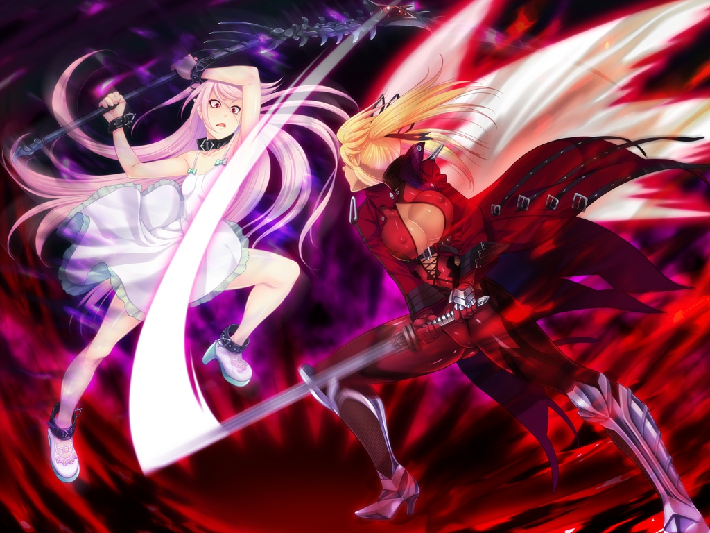 2girls aura battle blonde_hair bodysuit bouncing_breasts breasts felicia_(taimanin_kurenai) female fighting game_cg lilith-soft long_hair multiple_girls pink_hair shinganji_kurenai taimanin_kurenai twintails violence zol